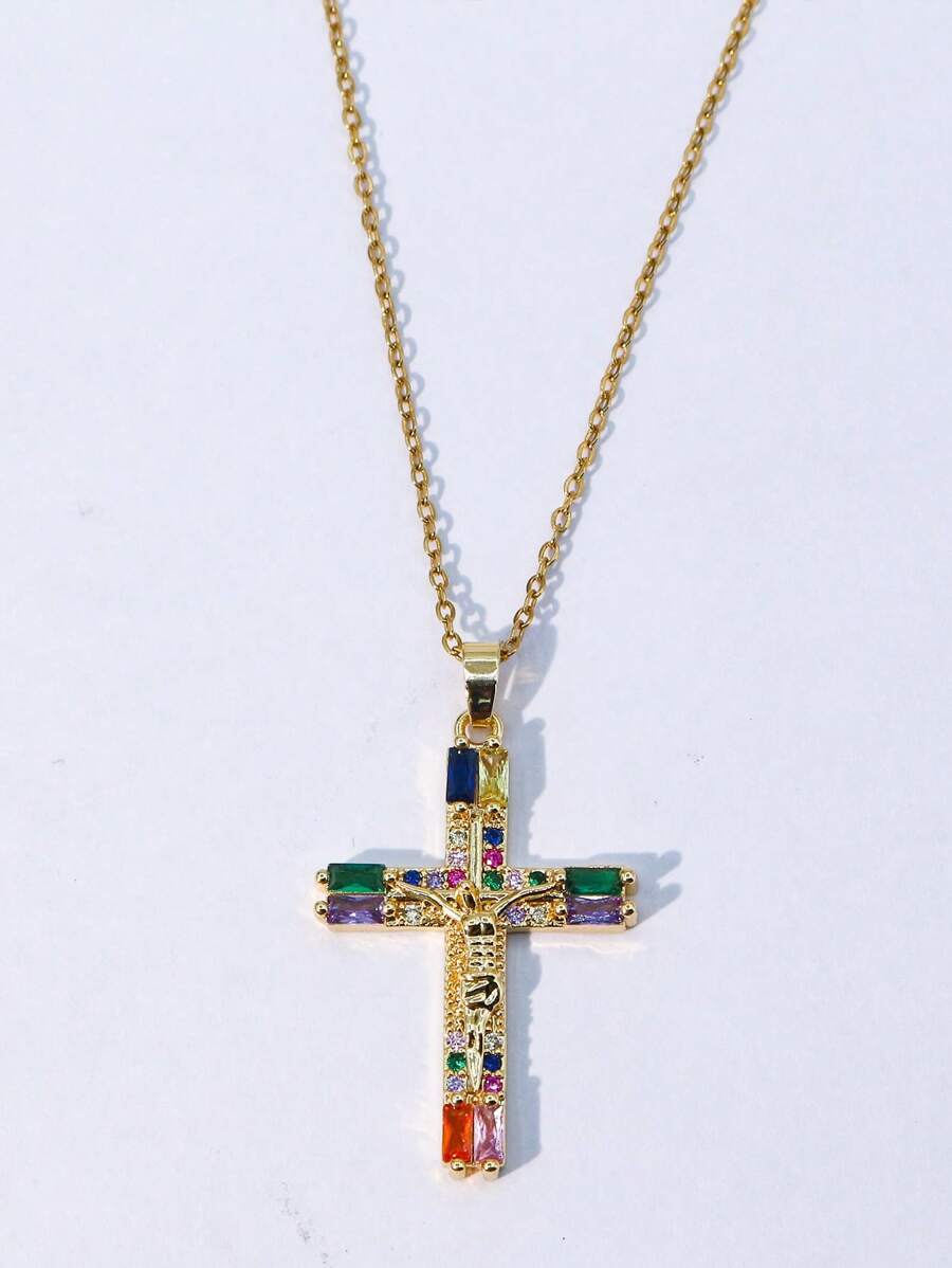 方晶鋯石十字架吊飾項鍊 - 金黃色 - 查看 1