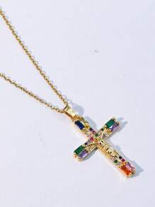 方晶鋯石十字架吊飾項鍊 - 金黃色 - 查看 3