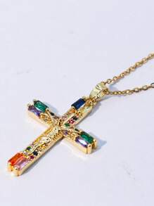 方晶鋯石十字架吊飾項鍊 - 金黃色 - 查看 4