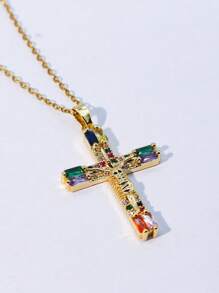 方晶鋯石十字架吊飾項鍊 - 金黃色 - 查看 5