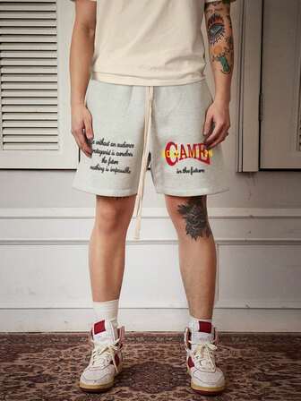 بنطلون قصير بطباعة شعار رباط خصر للرجال