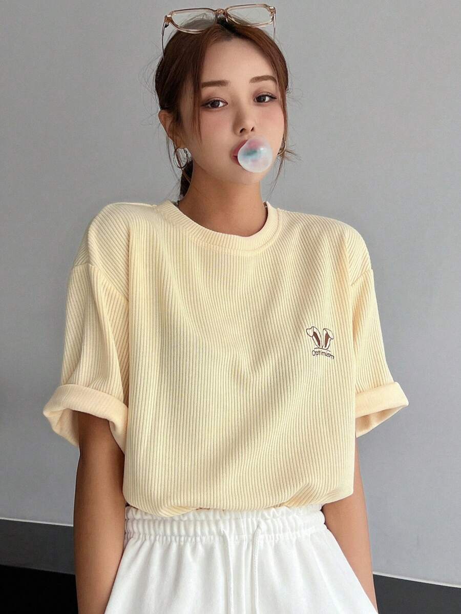 DAZY Camiseta de hombros caídos con estampado de letra - Amarillo - Ver 1