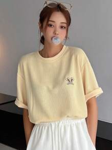 DAZY Camiseta de hombros caídos con estampado de letra - Amarillo - Ver 3