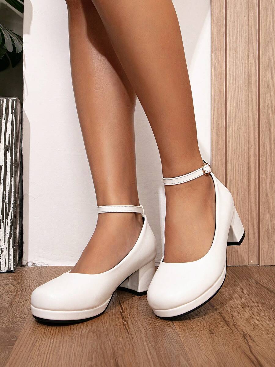 優雅踝帶高跟單鞋適用於帶扣細節粗跟淺口皮鞋 - 白色 - 查看 1