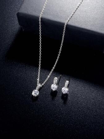 rakol 3pcs/set Minimalist Circular Design Cubic Zirconia Decor Jewelry Set For Women (Earrings & Necklace) For Party Banquet Wedding