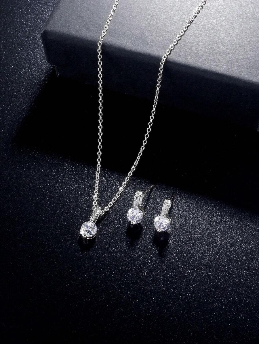 rakol 3入組/套極簡圓設計方晶鋯石裝飾首飾套裝適合女士(耳環和項鏈)適合派對宴會婚禮