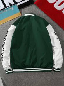 Manfinity Roghcode Men Slogan Graphic Striped Trim Colourblock Varsity Jacket - Dark Green - View 2