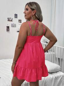 SHEIN SunnyBelle Đầm Plus Size Lộ Lưng Viên lá sen Buộc lại màu trơn Giải trí - Màu Hồng Tươi - Xem 2