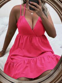 SHEIN SunnyBelle Đầm Plus Size Lộ Lưng Viên lá sen Buộc lại màu trơn Giải trí - Màu Hồng Tươi - Xem 4