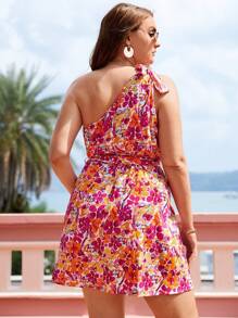 SHEIN VCAY Plus Floral Print One Shoulder Belted Dress - Multicolor - View 2