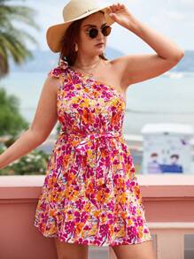 SHEIN VCAY Plus Floral Print One Shoulder Belted Dress - Multicolor - View 5