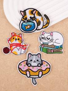 4pcs/set Cat Embroidered Iron-on Patch, Cartoon Cute Polyester DIY Clothing Accessories For DIY - Apricot - View 6