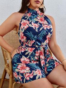 SHEIN VCAY 大碼熱帶圖案腰帶繞頸連體短褲 - 彩色 - 查看 1