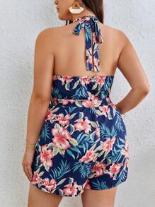 SHEIN VCAY 大碼熱帶圖案腰帶繞頸連體短褲 - 彩色 - 查看 2