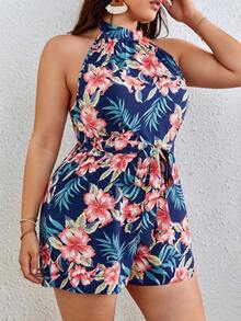 SHEIN VCAY 大碼熱帶圖案腰帶繞頸連體短褲 - 彩色 - 查看 6