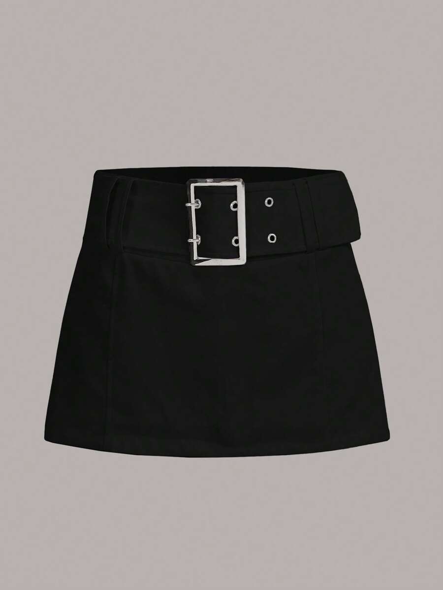 SHEIN ICON Solid Belted Skirt - Black - View 1