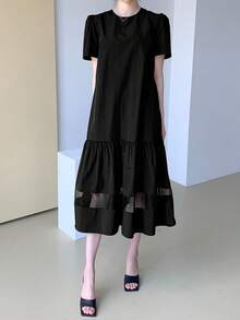 Vestido smock unicolor bajo con fruncido - Negro - Ver 4