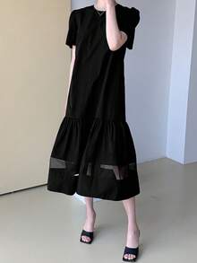 Vestido smock unicolor bajo con fruncido - Negro - Ver 5