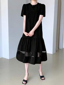 Vestido smock unicolor bajo con fruncido - Negro - Ver 6