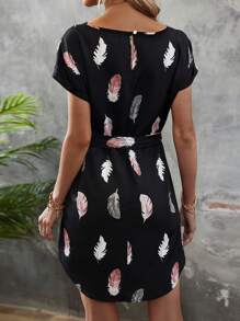SHEIN LUNE Feather Print Batwing Sleeve Belted Dress - Black - View 2