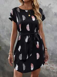 SHEIN LUNE Feather Print Batwing Sleeve Belted Dress - Black - View 3