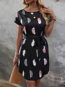 SHEIN LUNE Feather Print Batwing Sleeve Belted Dress - Black - View 4