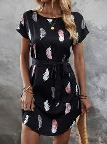 SHEIN LUNE Feather Print Batwing Sleeve Belted Dress - Black - View 5