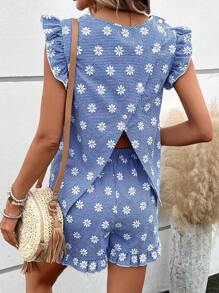 SHEIN LUNE 印花荷葉邊上衣和短褲 - 彩色 - 查看 1