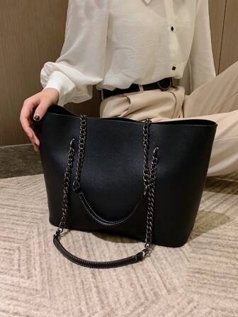 大號單肩手提包素色黑色鏈條肩帶適合青少年女孩女大學生、新秀和白領非常適合辦公室、工作、商務、通勤 最佳女式工作包