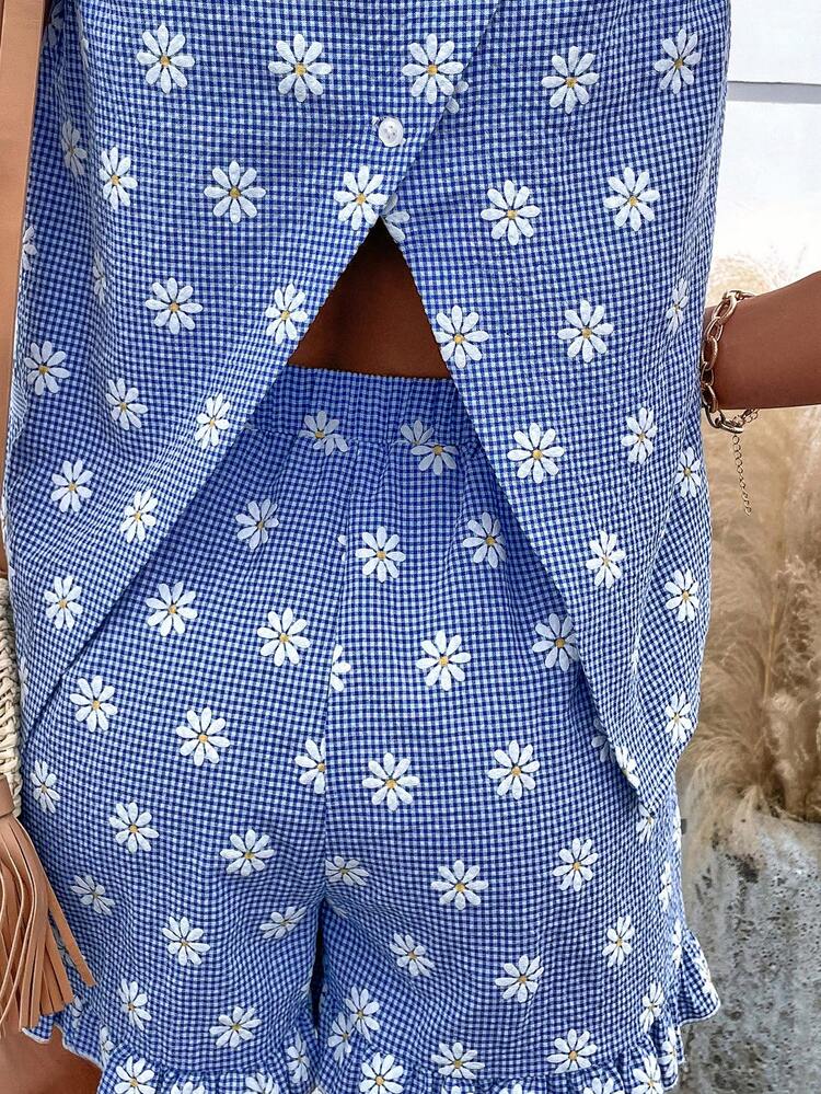 SHEIN LUNE 印花荷葉邊上衣和短褲 - 彩色 - 查看 3