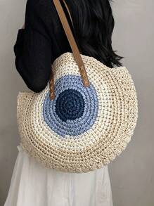 Large Straw Bag Paper Colourblock Geometric Pattern - Beige - View 1