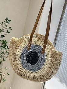 Large Straw Bag Paper Colourblock Geometric Pattern - Beige - View 2