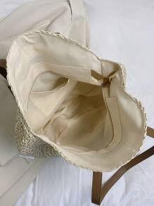 Large Straw Bag Paper Colourblock Geometric Pattern - Beige - View 4