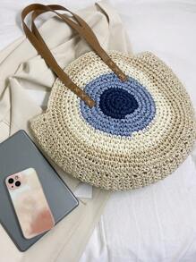 Large Straw Bag Paper Colourblock Geometric Pattern - Beige - View 5