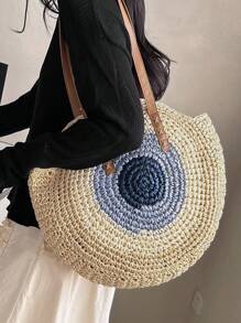 Large Straw Bag Paper Colourblock Geometric Pattern - Beige - View 6