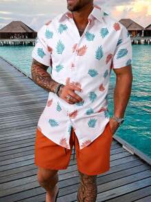 Manfinity RSRT 男士熱帶圖案襯衫和腰部抽繩短褲不帶T恤 - 彩色 - 查看 1