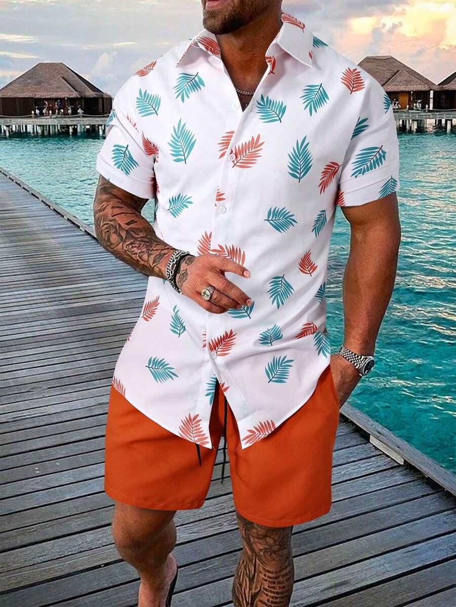 Manfinity RSRT 男士熱帶圖案襯衫和腰部抽繩短褲不帶T恤 - 彩色 - 查看 1
