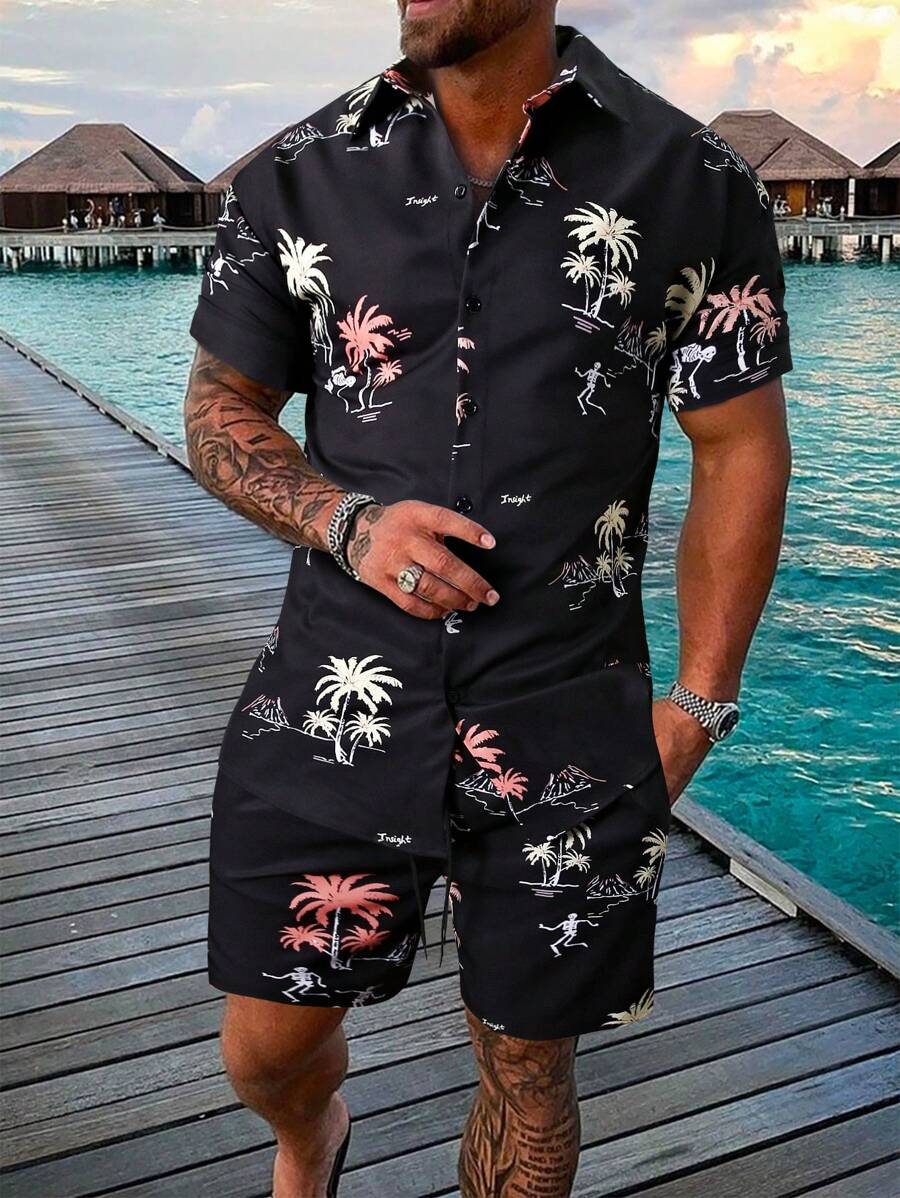 Manfinity RSRT Men Tropical Print Shirt & Drawstring Waist Shorts Without Tee, Cozy Outfits - Black - View 1