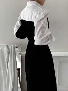 Vestido camisero panel en contraste con botón delantero - Blanco y Negro - Ver 3