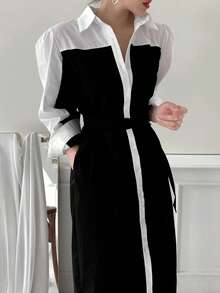 Vestido camisero panel en contraste con botón delantero - Blanco y Negro - Ver 5