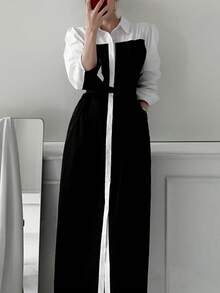 Vestido camisero panel en contraste con botón delantero - Blanco y Negro - Ver 6