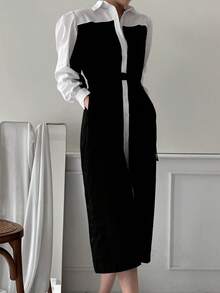 Vestido camisero panel en contraste con botón delantero - Blanco y Negro - Ver 7