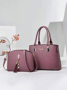 PLANEE大容量便攜商務休閒經典時尚2入組手提袋橫跨式包掛飾，最適合商務戶外返校學生媽媽工作，通勤辦公最佳選擇，適合少女女性大學生，輕便實用大容量商務休閒，工作逛街購物旅遊的最佳首選 - 紫色 - 查看 1