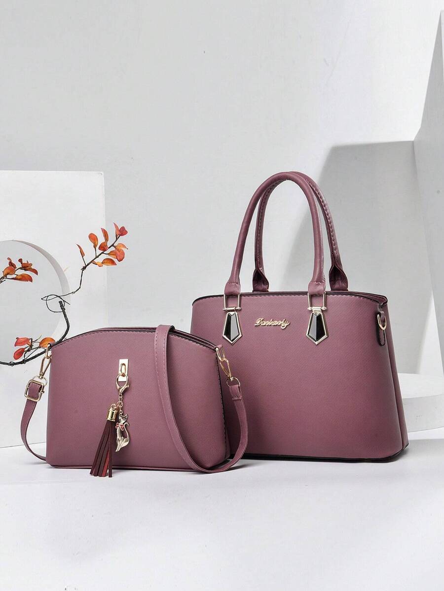 PLANEE大容量便攜商務休閒經典時尚2入組手提袋橫跨式包掛飾，最適合商務戶外返校學生媽媽工作，通勤辦公最佳選擇，適合少女女性大學生，輕便實用大容量商務休閒，工作逛街購物旅遊的最佳首選 - 紫色 - 查看 1