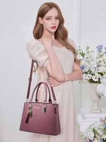 PLANEE大容量便攜商務休閒經典時尚2入組手提袋橫跨式包掛飾，最適合商務戶外返校學生媽媽工作，通勤辦公最佳選擇，適合少女女性大學生，輕便實用大容量商務休閒，工作逛街購物旅遊的最佳首選 - 紫色 - 查看 3