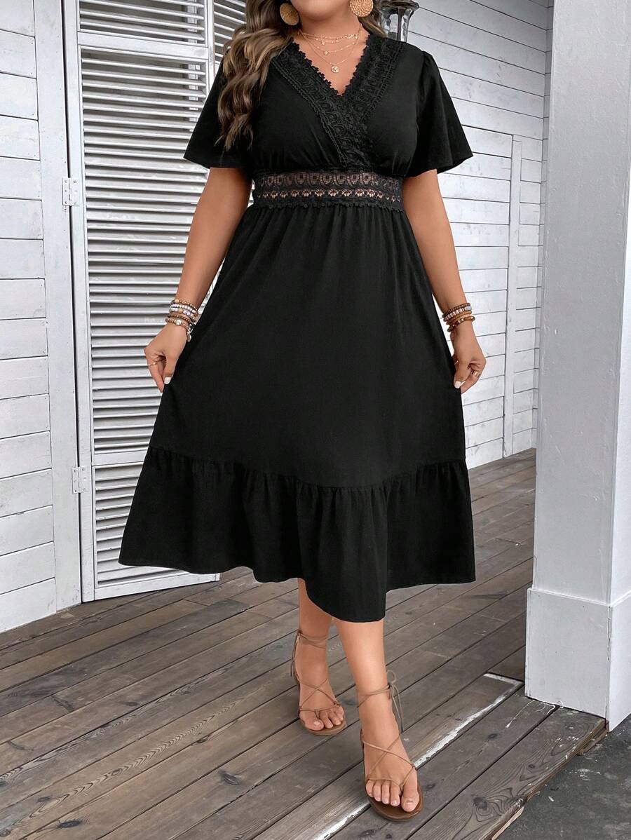 SHEIN Franclia Đầm Plus Size Viên lá sen Tương phản ren Trọn gói màu trơn Giải trí - màu đen - Xem 1