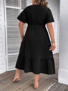 SHEIN Franclia Đầm Plus Size Viên lá sen Tương phản ren Trọn gói màu trơn Giải trí - màu đen - Xem 2