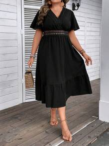 SHEIN Franclia Đầm Plus Size Viên lá sen Tương phản ren Trọn gói màu trơn Giải trí - màu đen - Xem 5