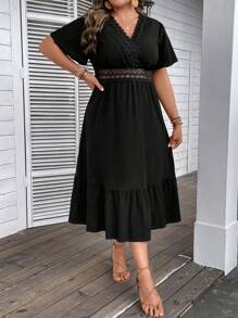 SHEIN Franclia Đầm Plus Size Viên lá sen Tương phản ren Trọn gói màu trơn Giải trí - màu đen - Xem 6