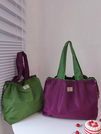 Large Drawstring Washable Grocery Tote Bag, Foldable Reusable Shopping Bag Handbag (All Brand Letters Are Random)